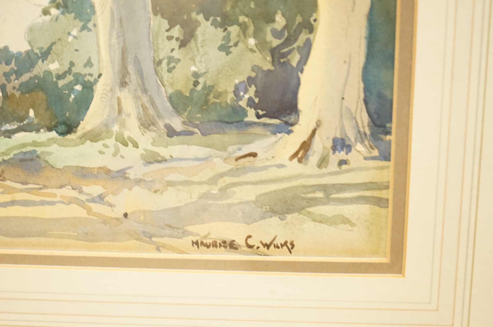 Maurice Canning Wilks (1911-1984), Tree lined pathway with hills beyond, signed, watercolour, 26 x 36cm